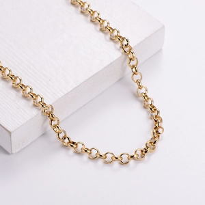 Elegant gold double-layer necklace with circular links on a minimalist white background