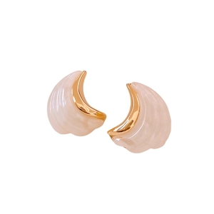 Elegant 18K gold plated crescent moon earrings with pinkish white pearly resin texture