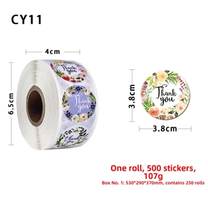 Detail of 3.8cm watercolor floral thank you labels with 500 stickers per roll