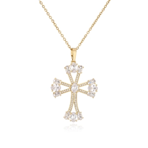 Golden micro-pave zircon cross pendant necklace featuring large oval gemstones and fine chain