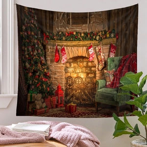 Detail of Christmas tree tapestry with fireplace and armchair for cozy wall decoration
