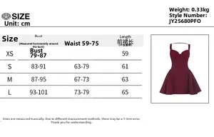 Tableau des tailles détaillé pour robe courte sexy dos nu avec mesures en cm et poids de 0,33kg