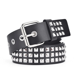 Black Y2K punk rock leather belt with three rows of silver pyramid studs and square buckle