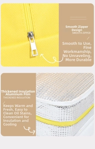 Detail showing smooth metal zipper and thick insulated aluminum foil liner of the lunch bag
