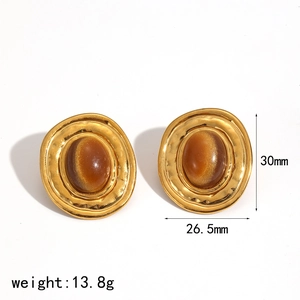 Detailed view of gold oval earrings with brown resin stone and size specifications