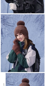 Close-up of knit earflap hat with faux fur pompom and plush gloves set for winter