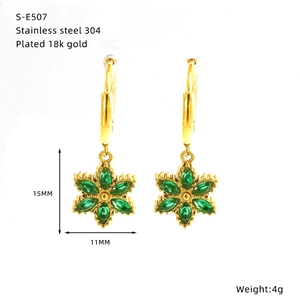 Orecchini a fiore placcati oro 18 carati con strass verdi e acciaio inossidabile