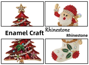Detail showing high-quality enamel process and rhinestones on Christmas themed brooches