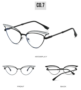 Detailed multi-angle views of hollow cat-eye sunglasses with silver metal brow frame