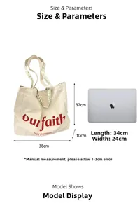 Floral print canvas tote bag with a laptop shown for size comparison reference