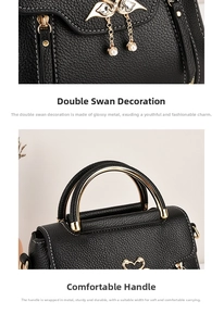 Detail of black pebbled leather bag with gold swan hardware and crystal pearl charms