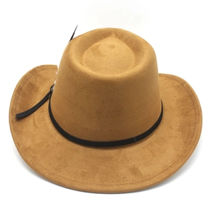 Detailed view of camel faux suede cowboy hat with feather accent and black ribbon