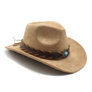 Western style camel faux suede cowboy hat with turquoise bead and woven leather band