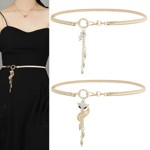 Elegant Metal Waist Chain Belt For Women Rhinestone Fox Fish Pendant Adjustable Tassel Thin Belt Decorative Dress Accessory