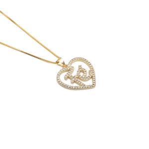 Golden heart pendant necklace with 'Fe' lettering and sparkling cubic zirconia stones