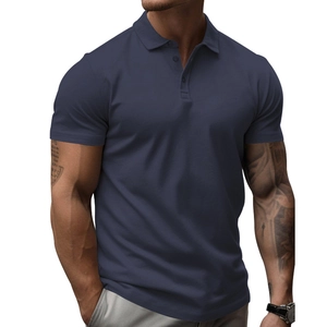 Close-up of a navy blue polo shirt featuring a classic lapel and three-button placket