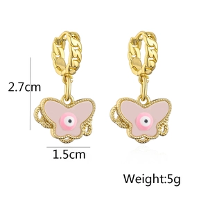 Detail of gold butterfly drop earrings with pink evil eye and size specifications