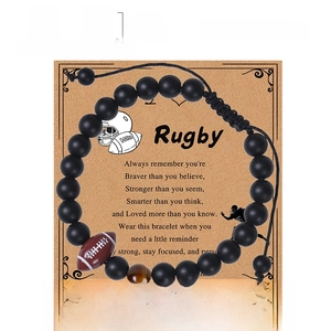 Rugby themed tiger eye and black matte stone bead bracelet with adjustable woven cord