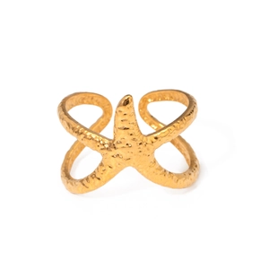 Adjustable golden stainless steel starfish ring with realistic textured hammer finish