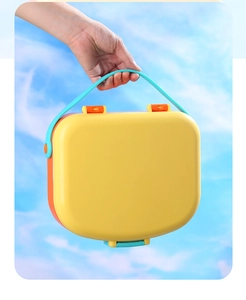 Macro detail of portable 5-compartment kids lunch box with ergonomic handle and secure buckles