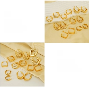 Macro detail of geometric 18k gold plated stainless steel earrings with anti-allergy studs
