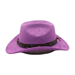Détail du chapeau de cowboy violet en daim avec ruban décoré et pièces en bronze