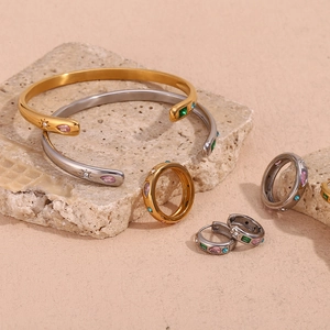 Stainless Steel Star Bracelet Geometric Zirconia Earrings Ring Jewelry Set 18K Gold Plated Colorful Rhinestone Fashion For Women