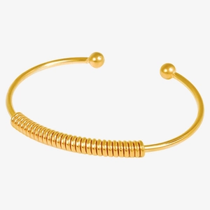 18k gold plated stainless steel C-shaped open bracelet with coil spring design and beads
