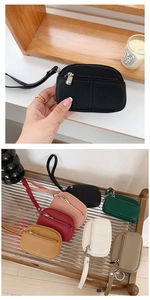 Litchi pattern PU leather mini coin purse with wrist strap and zipper closure details