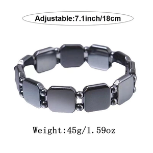 Detail showing adjustable 7.1 inch magnetic hematite bracelet size and 45g weight specs
