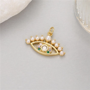 14K gold-plated Evil Eye pendant with pearls and colorful zircons for DIY jewelry making
