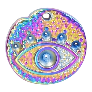 Detailed macro view of an evil eye charm with rainbow finish and crown motif details