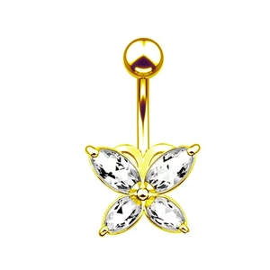 Golden butterfly belly button ring with marquise-cut clear cubic zirconia crystals