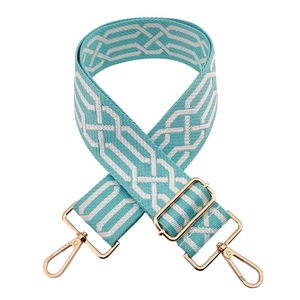 Bandoulière large tissée réglable motif géométrique bleu et blanc avec attaches dorées