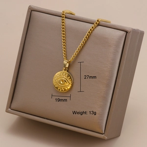 Detailed view of evil eye gold pendant with 27mm height and 19mm width dimensions
