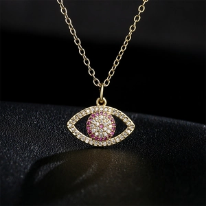 18K gold plated copper necklace featuring a pink zircon evil eye pendant design