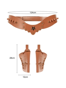 Detailed dimension chart for brown leather cowboy gun holster belt with metal studs