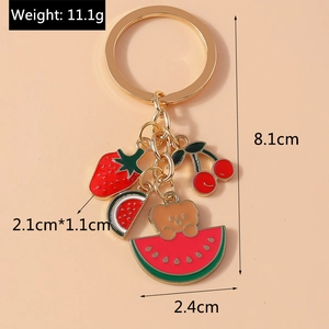Detailed size and weight view of strawberry and watermelon bear keychain charms