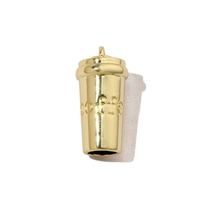Detailed close-up of a golden metal coffee cup pendant with embossed coffe text
