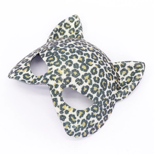 Detailed view of leopard print cat mask with gold glitter finish for costume parties