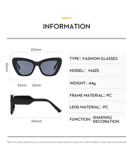 Detailed size specifications for cat-eye sunglasses with high-quality PC frame dimensions