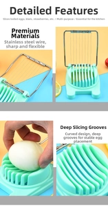Detail of multi-functional egg slicer with stainless steel wires and mint green base