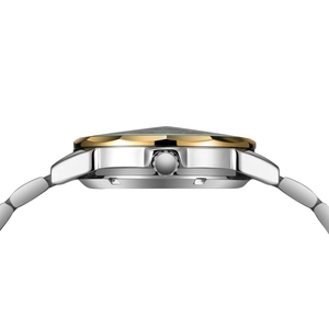 Close-up of dual-tone stainless steel watch case with faceted gold bezel and crown