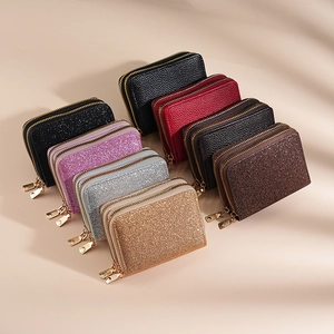 Multi-color glitter and lychee leather double zipper card holders in a neat matrix layout
