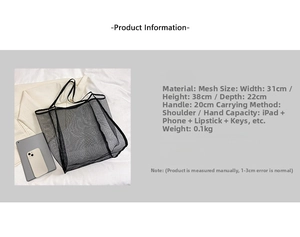 Specifiche dettagliate sulle dimensioni della borsa tote in rete 31x38x22cm