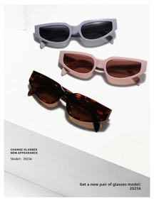 Three pairs of vintage narrow-frame Y2K sunglasses in purple, pink, and tortoiseshell