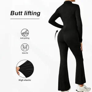 Slim fit black maternity jumpsuit with butt lifting effect and flared leg design