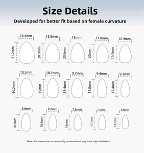 Detailed size chart for French purple cat eye press-on nails showing 15 width dimensions