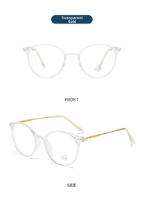 Detail view of anti-blue light glasses with transparent gold frames and metal temples