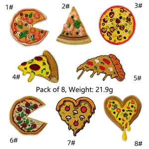 Set of 8 pizza embroidery patches including heart shape and slices, total weight 21.9g